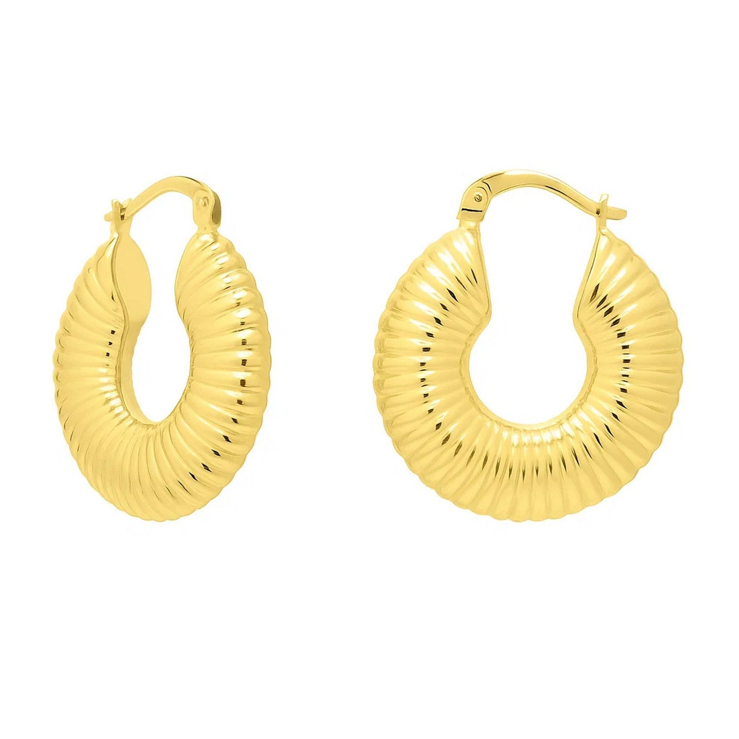 14k yellow gold minimalist ribbed hoop earrings, elegantly designed for timeless luxury and everyday wear.