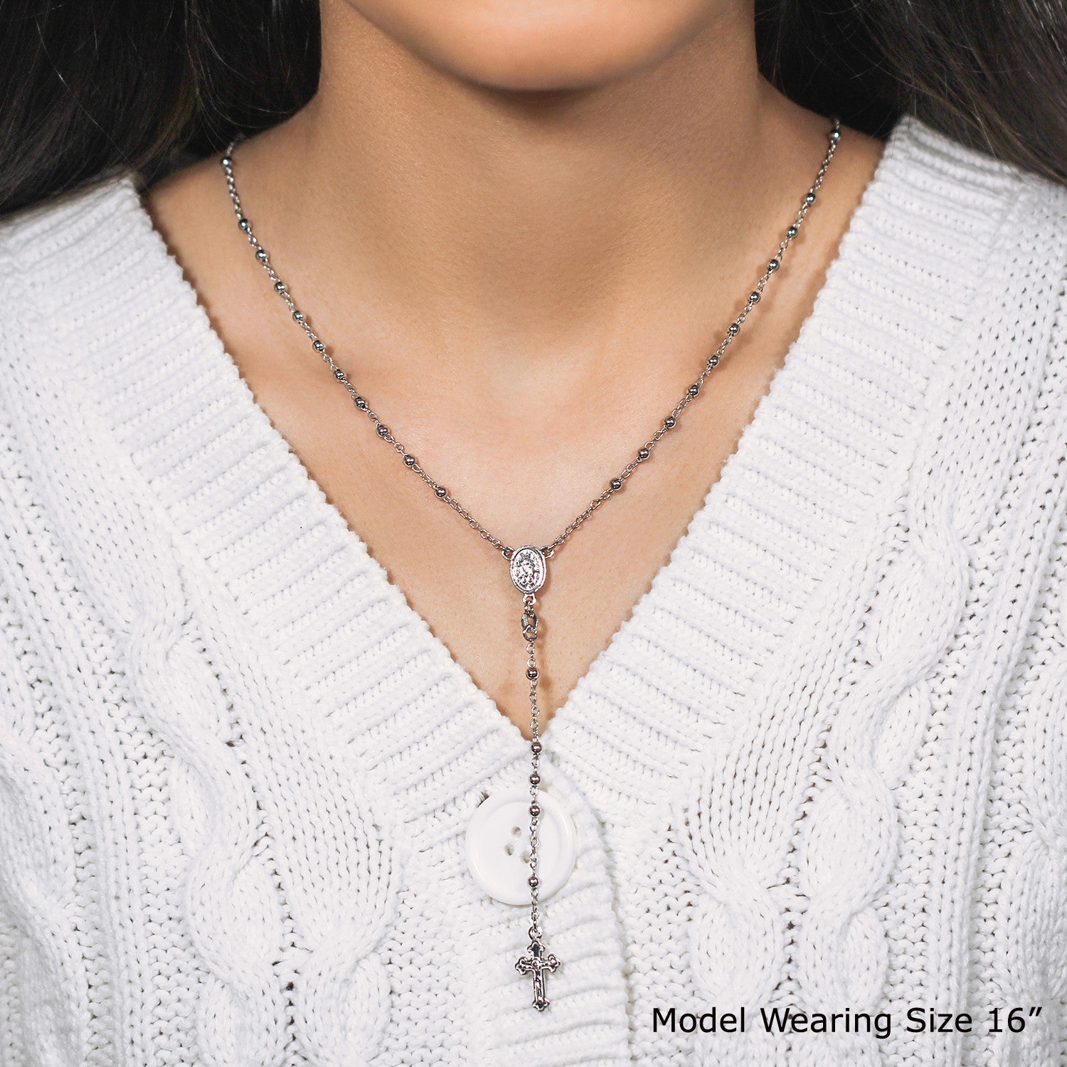 Sterling silver fine rosary chain necklace featuring modern bead accents and elegant design.
