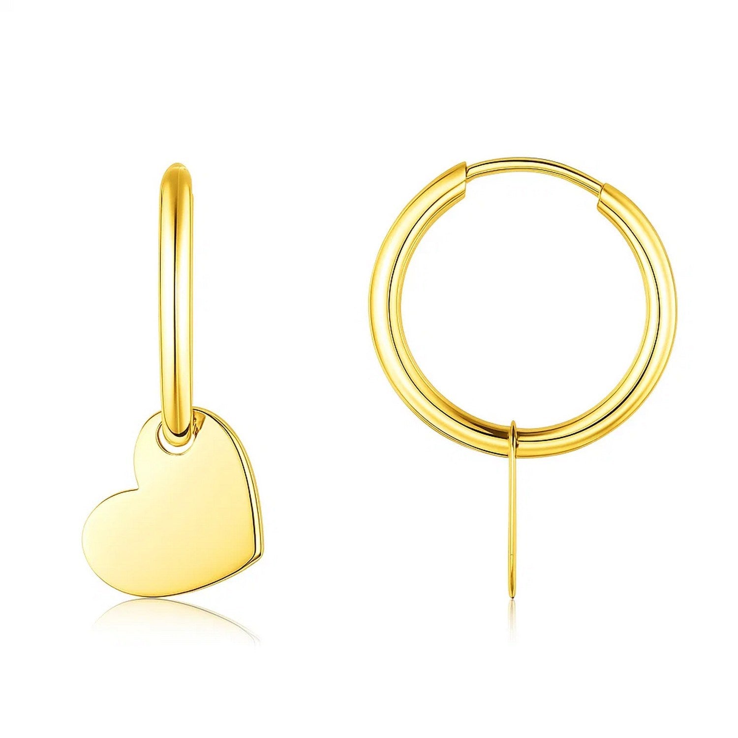 14k yellow gold polished hoop earrings featuring heart accents for an elegant touch.