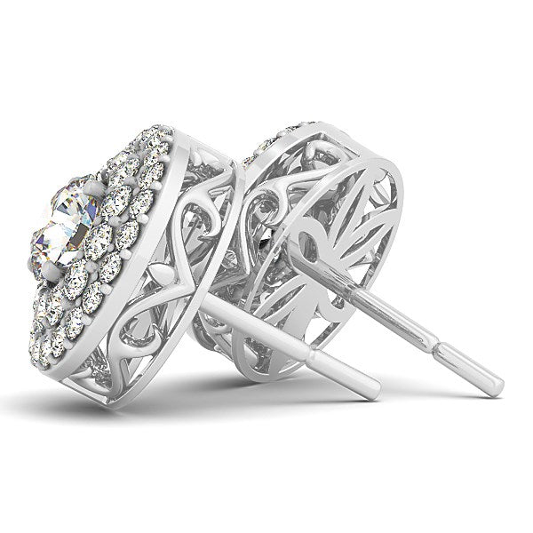 14k white gold diamond double halo drop earrings featuring exquisite prong settings for a modern, elegant look.