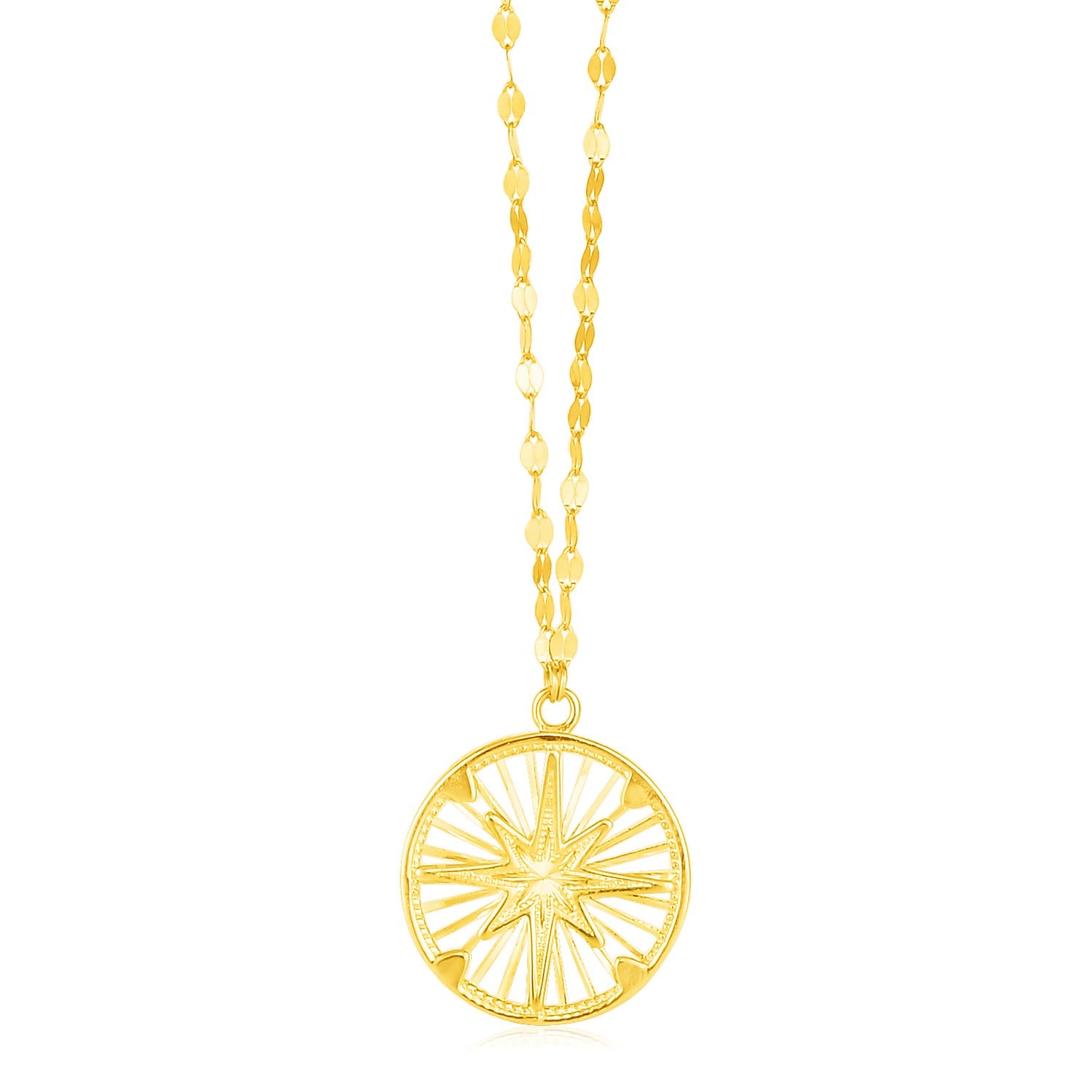 14k yellow gold modern necklace featuring a compass pendant on a delicate link chain.