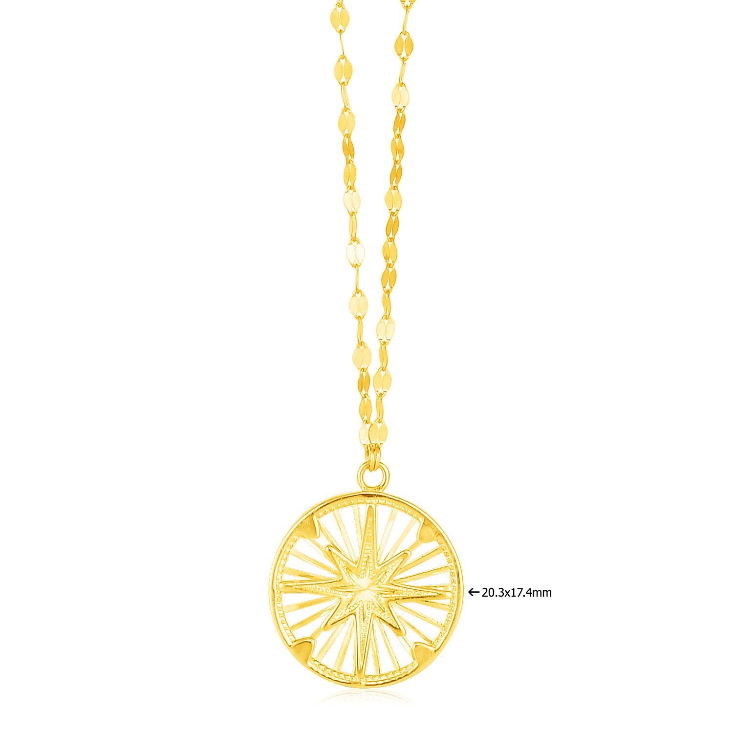 14k yellow gold modern necklace featuring a compass pendant on a delicate link chain.