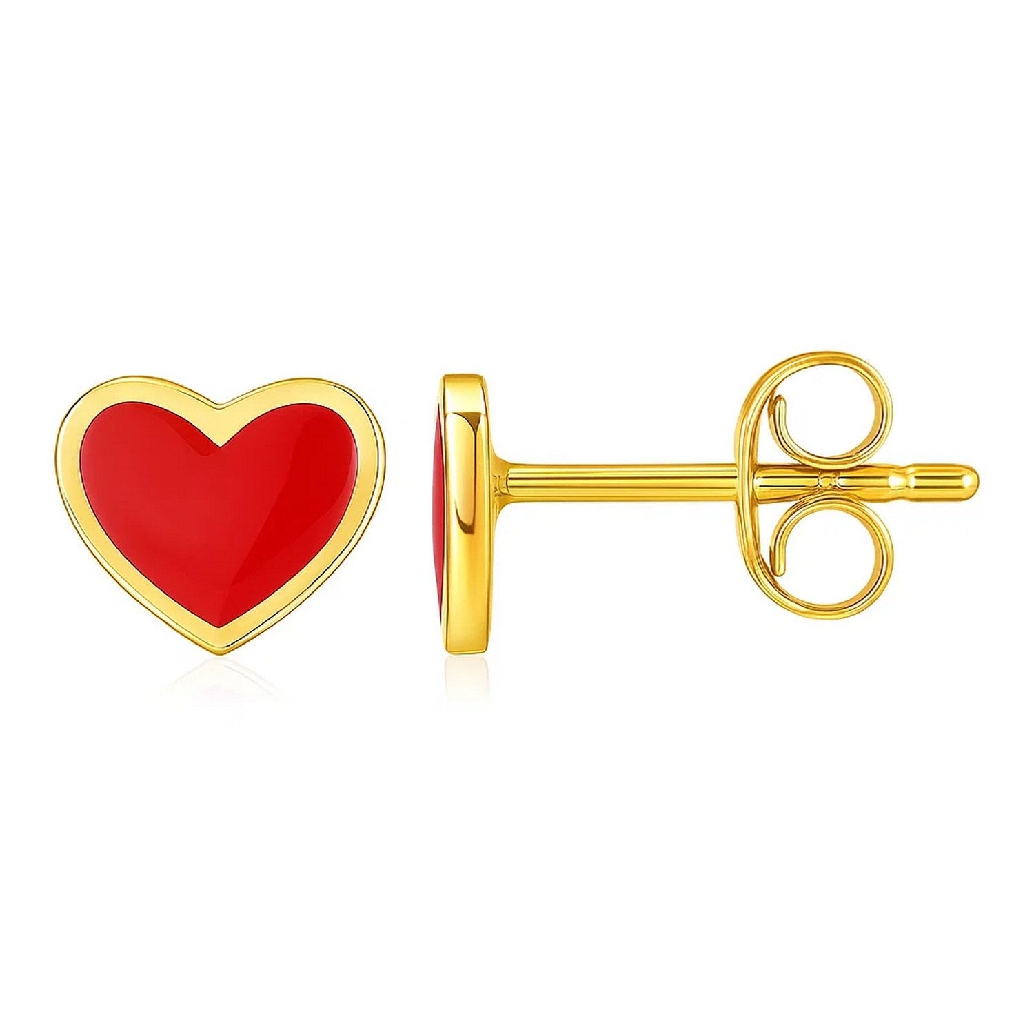 14k yellow gold stud earrings featuring vibrant red enamel heart design, embodying modern luxury elegance.