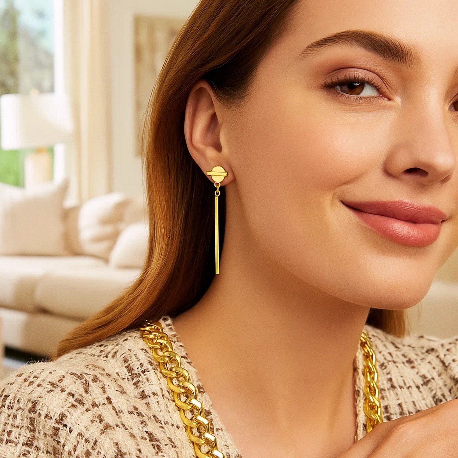 14k yellow gold modern drop earrings featuring sleek disc and bar design for a chic, sophisticated look.