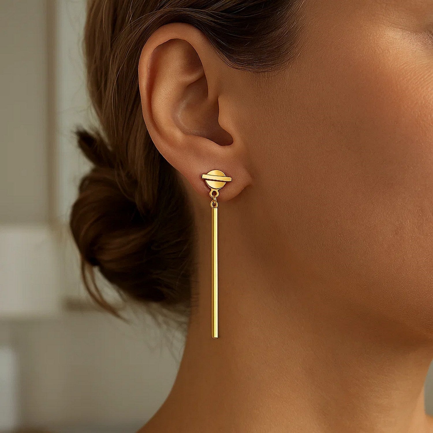 14k yellow gold modern drop earrings featuring sleek disc and bar design for a chic, elegant look.