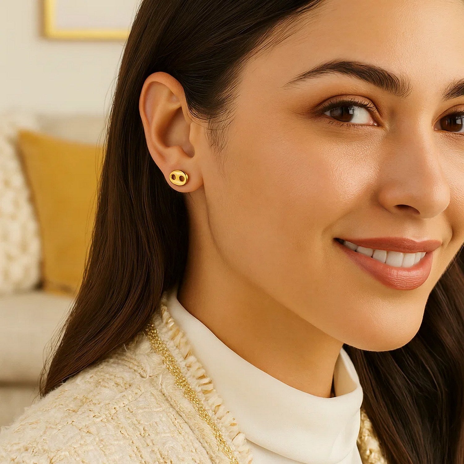 14k yellow gold modern link button earrings showcasing a sleek design and elegant craftsmanship for luxury appeal