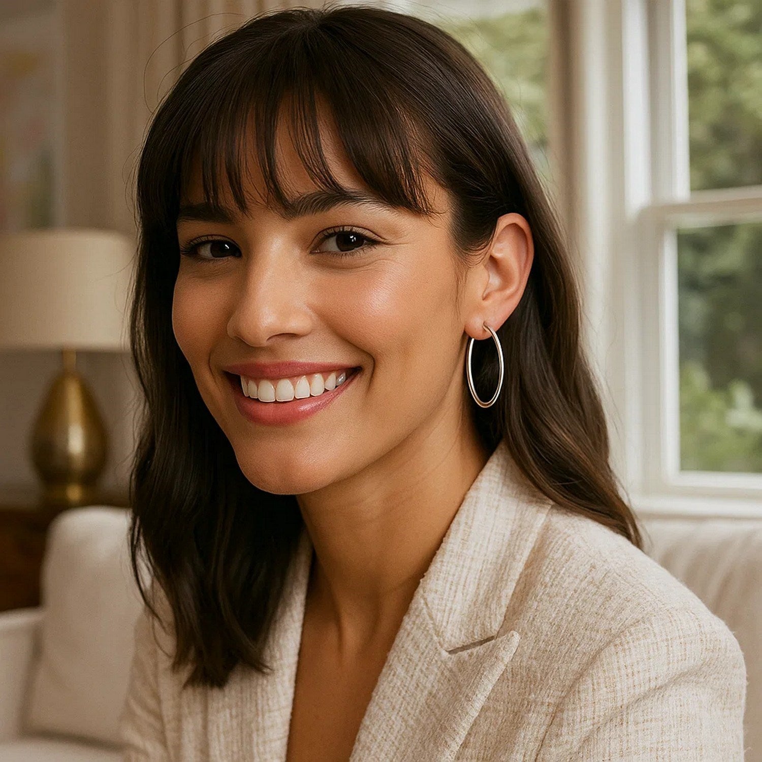 Sterling silver polished hoop earrings with rhodium plating, showcasing a modern design and elegant shine.