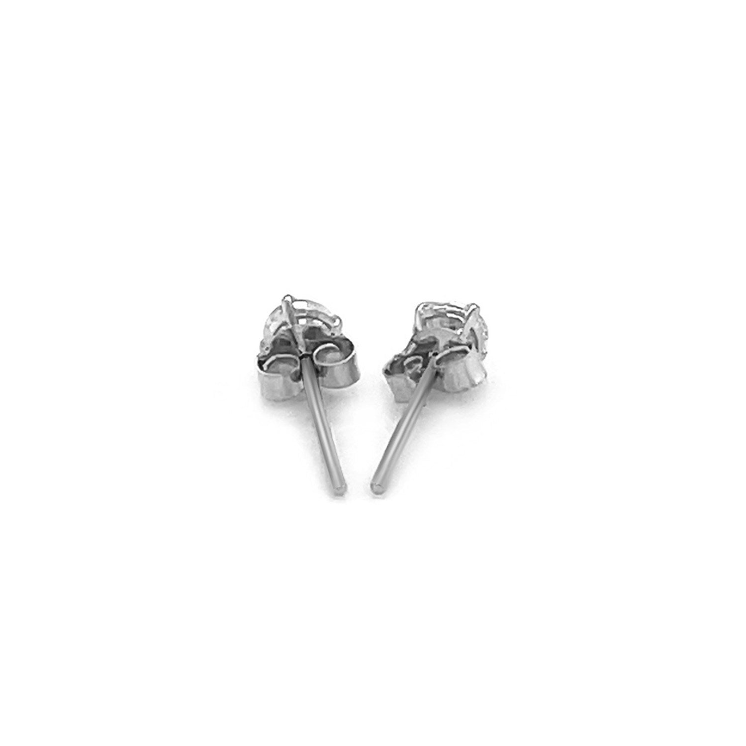 14k white gold modern stud earrings featuring round faceted white cubic zirconia in elegant prong settings.