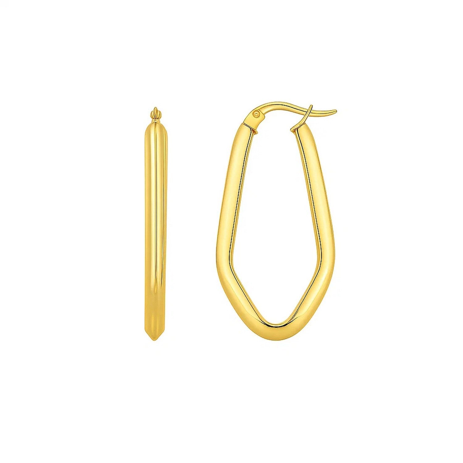 14k yellow gold polished geometric oval hoop earrings with a modern design, perfect for elegant occasions.