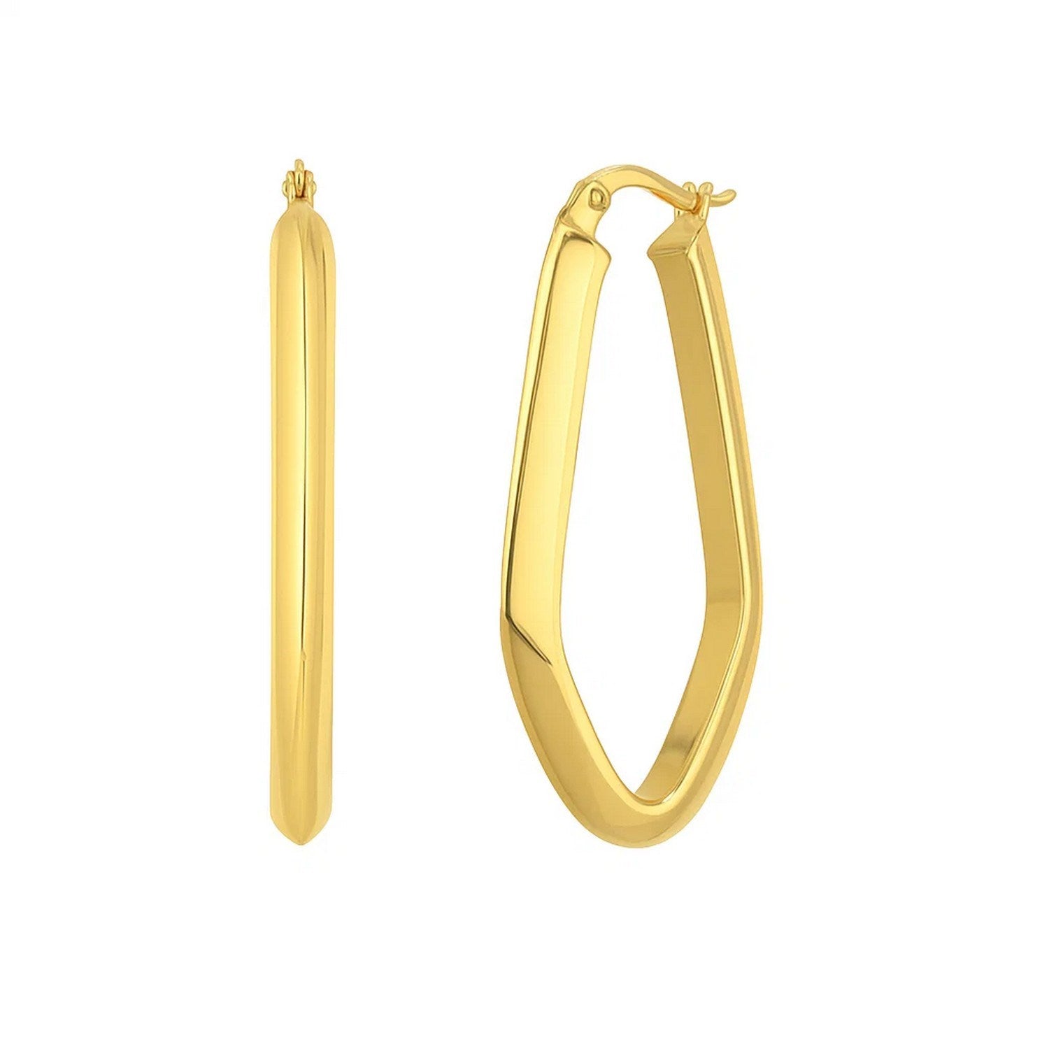 Polished 10K yellow gold geometric oval hoop earrings, showcasing modern elegance and timeless luxury.