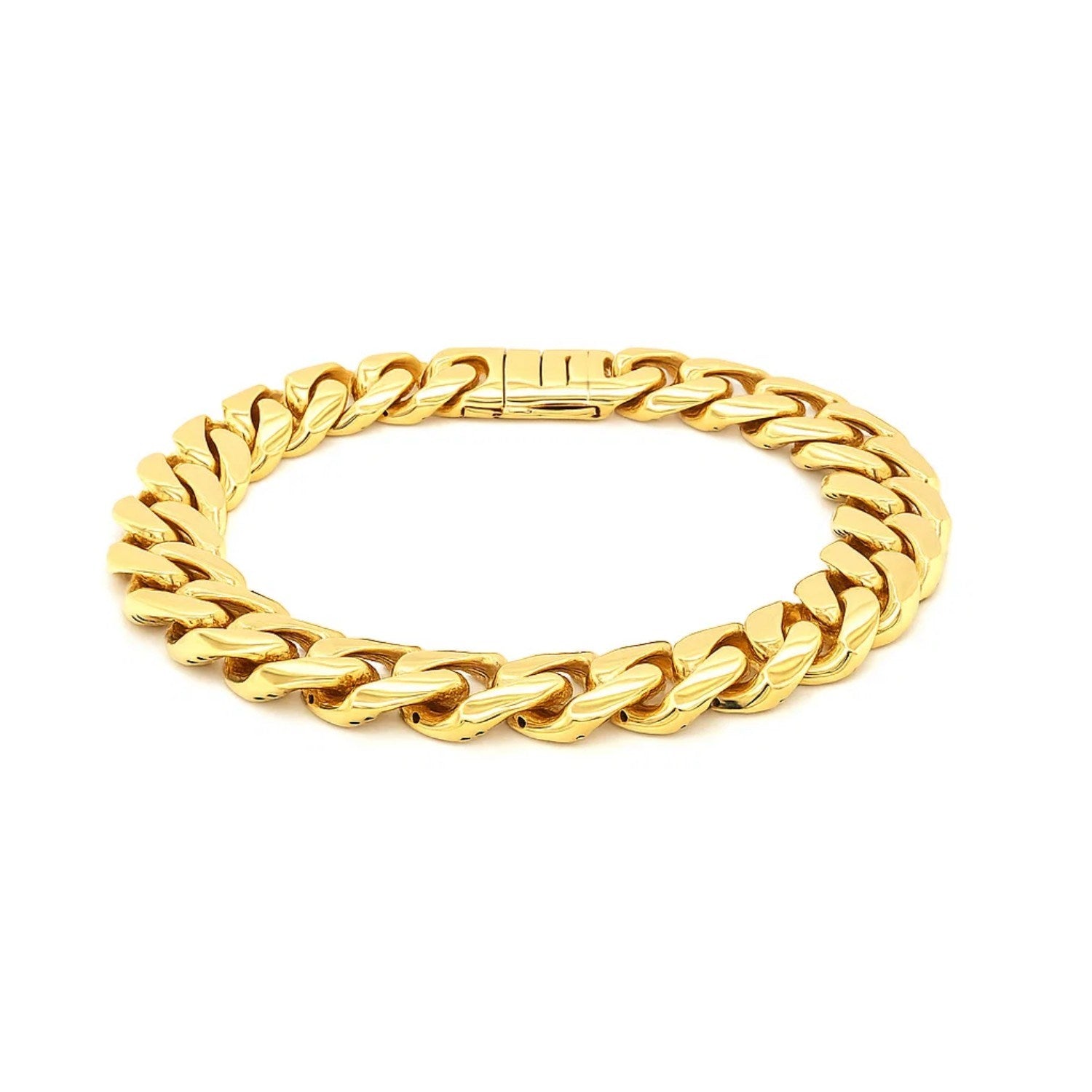 14k yellow gold polished curb chain bracelet, minimalist design, 8 1/2 inch wide, luxurious and timeless elegance.