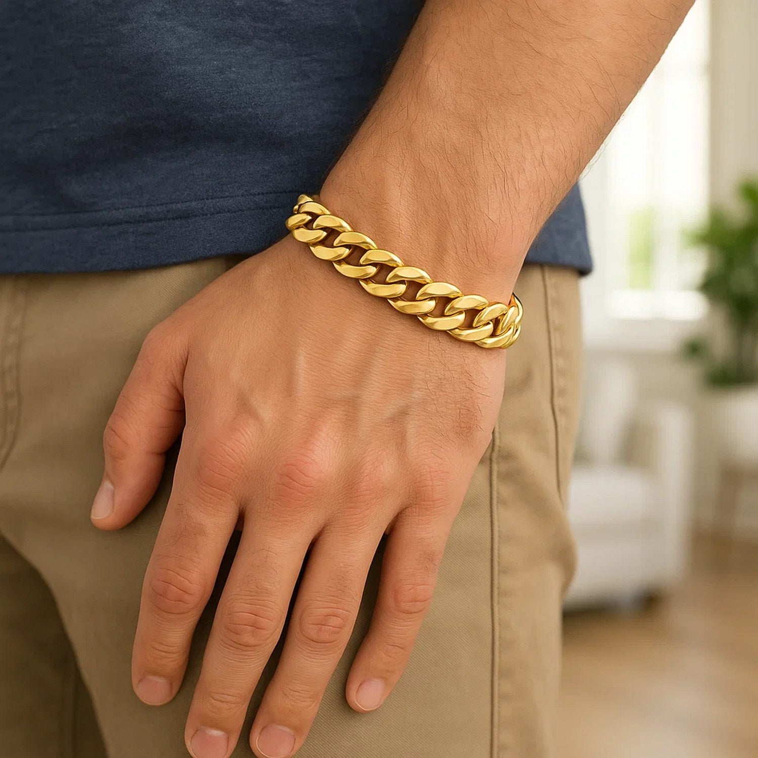 14k yellow gold polished curb chain bracelet, minimalist design, 8 1/2 inch wide with elegant link details.