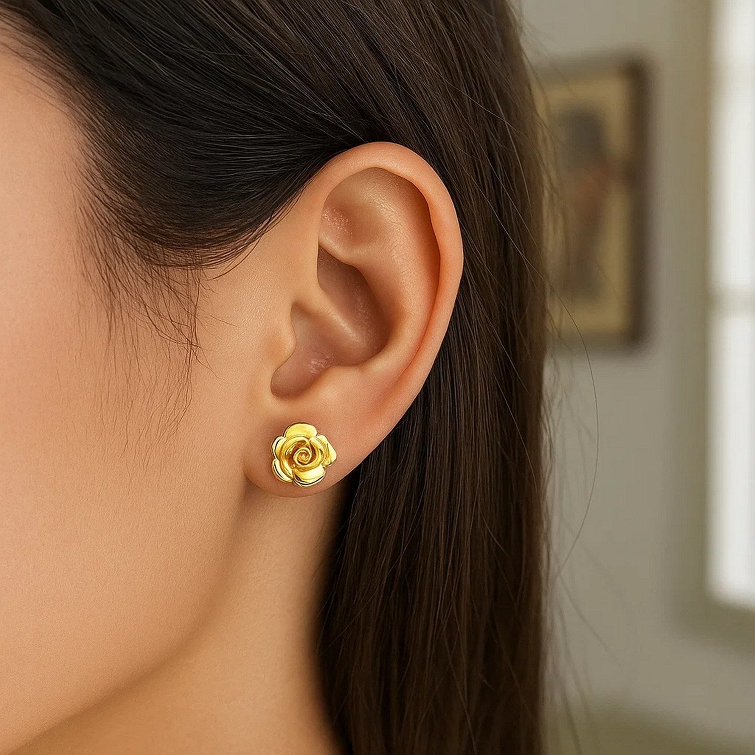 Elegant 14k yellow gold rose post earrings, 9.2mm, showcasing a luxurious and timeless design.