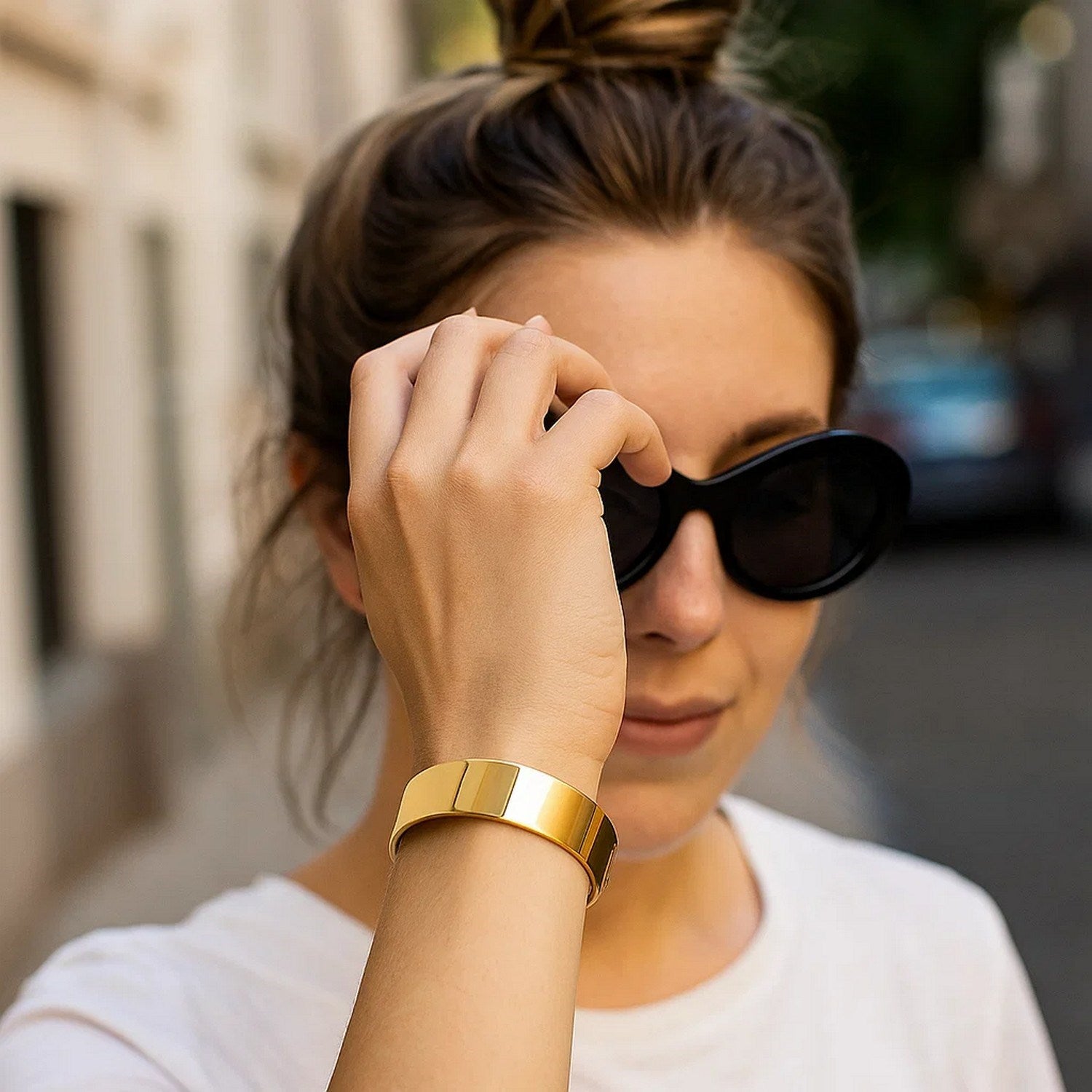 Designer medium width bracelet in luxurious 14k yellow gold, showcasing a modern aesthetic and refined craftsmanship.