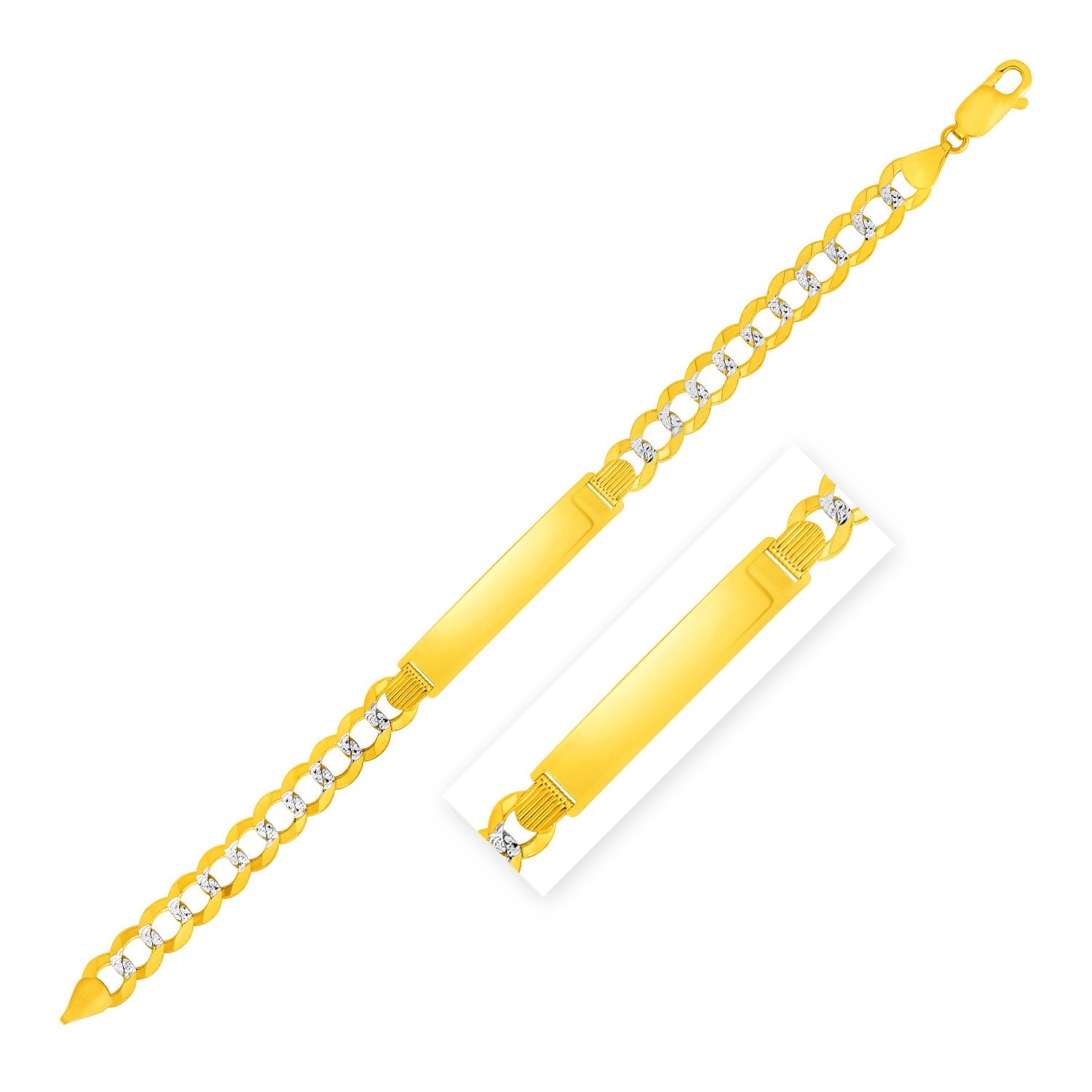 14k two-tone gold men's curb chain ID bracelet featuring elegant white pave accents and a luxurious link design.