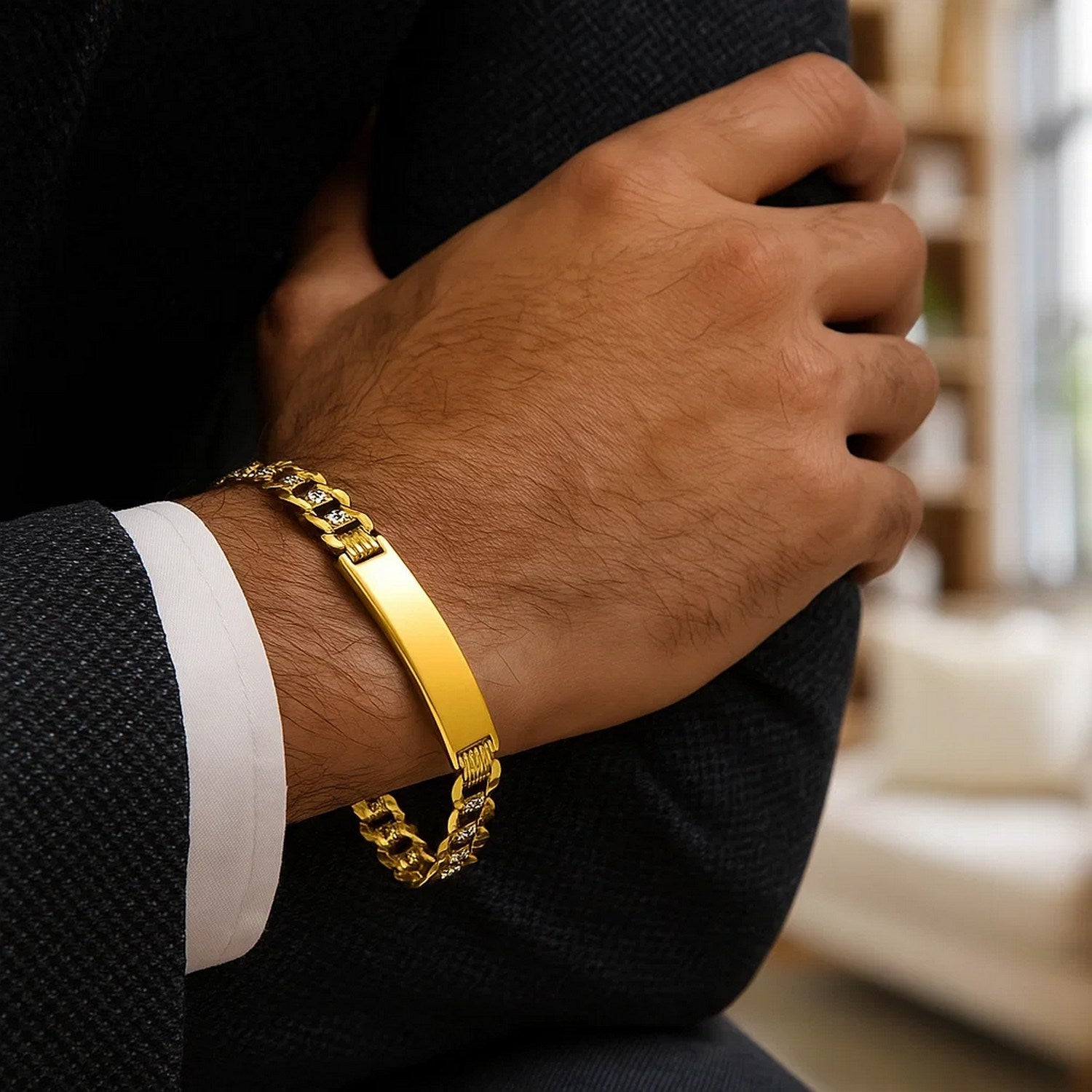 14k two-tone gold men's curb chain ID bracelet featuring elegant white pave accents and a refined link design.