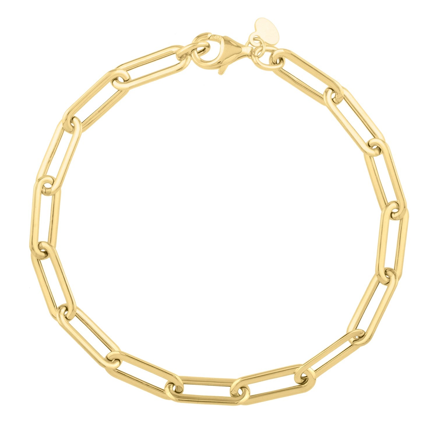 Long domed paperclip bracelet in 14k yellow gold, showcasing a modern design with elegant link detailing.