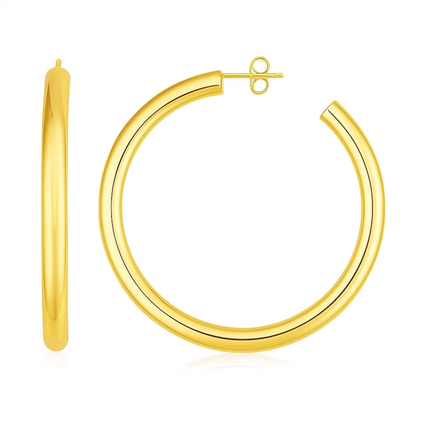 14k yellow gold polished hoop earrings with a sleek modern design, perfect for elegant everyday wear.