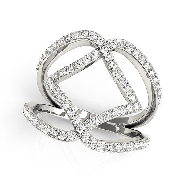 14k white gold entwined design dual band ring featuring round diamonds in a modern prong setting, 3/4 cttw.