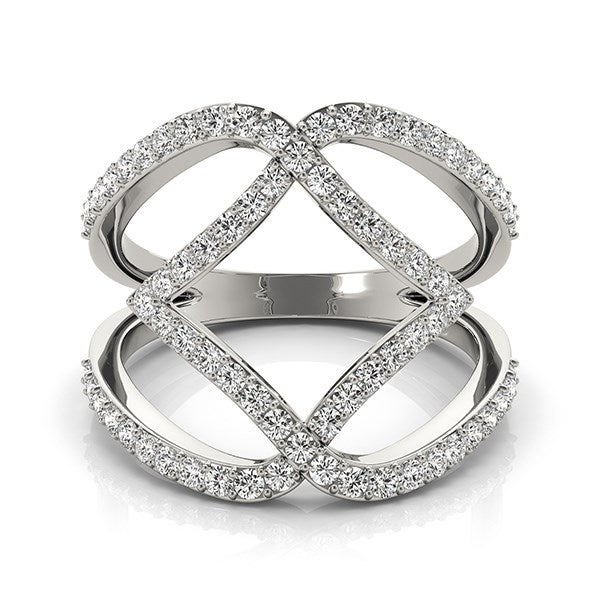 14k white gold entwined design dual band ring featuring round diamonds in a modern prong setting.