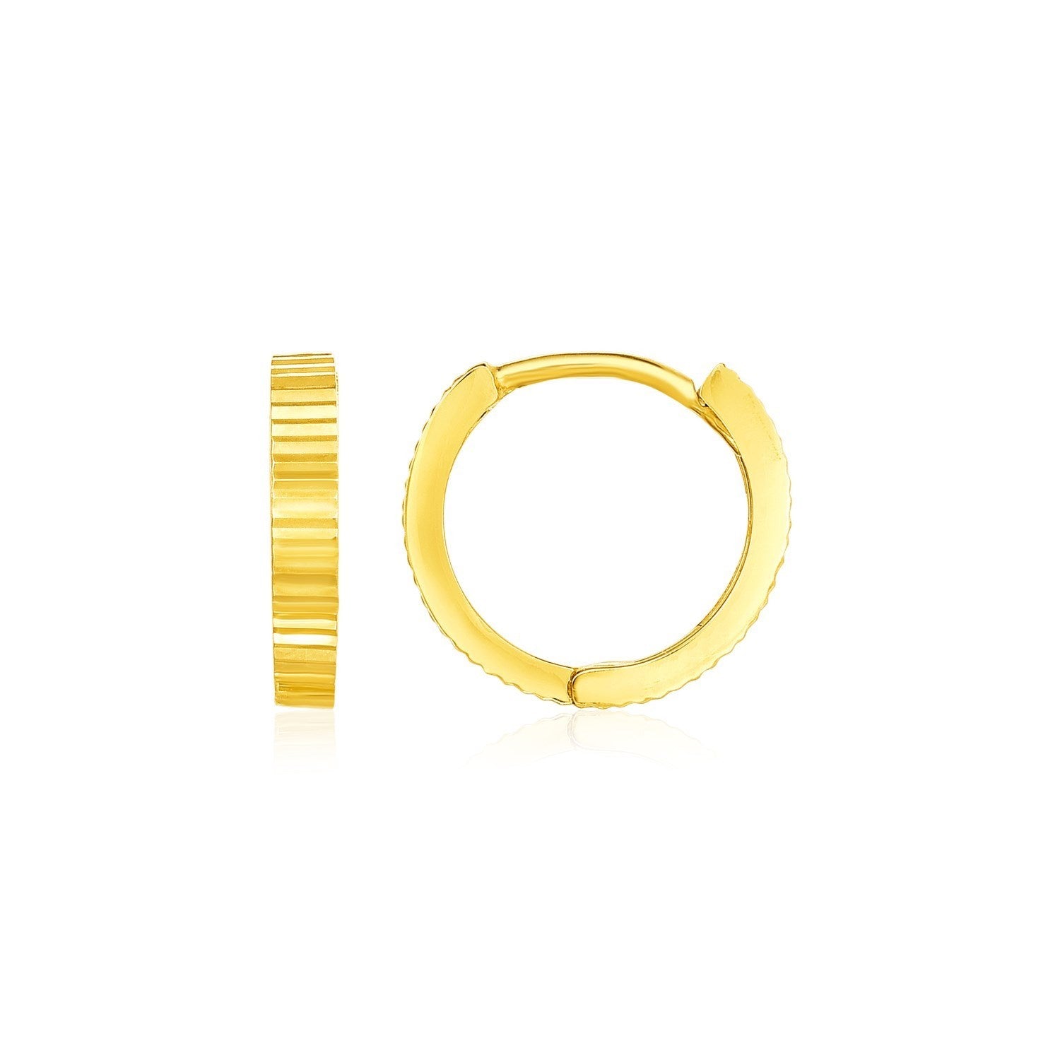 14k yellow gold textured petite round hoop earrings, showcasing modern elegance and refined craftsmanship.