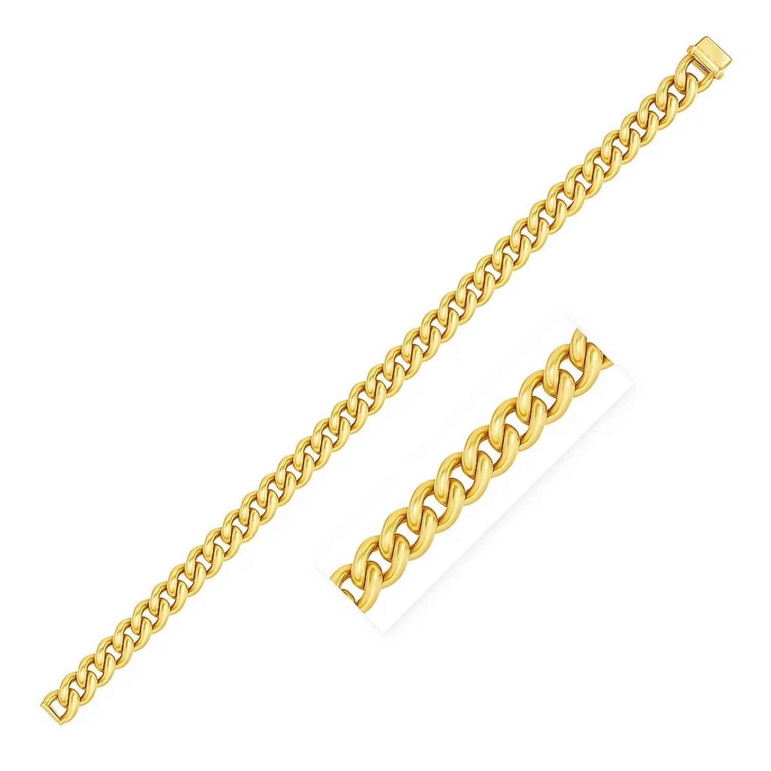 14k yellow gold polished Miami Cuban chain bracelet featuring classic link design, perfect for elegant styling.