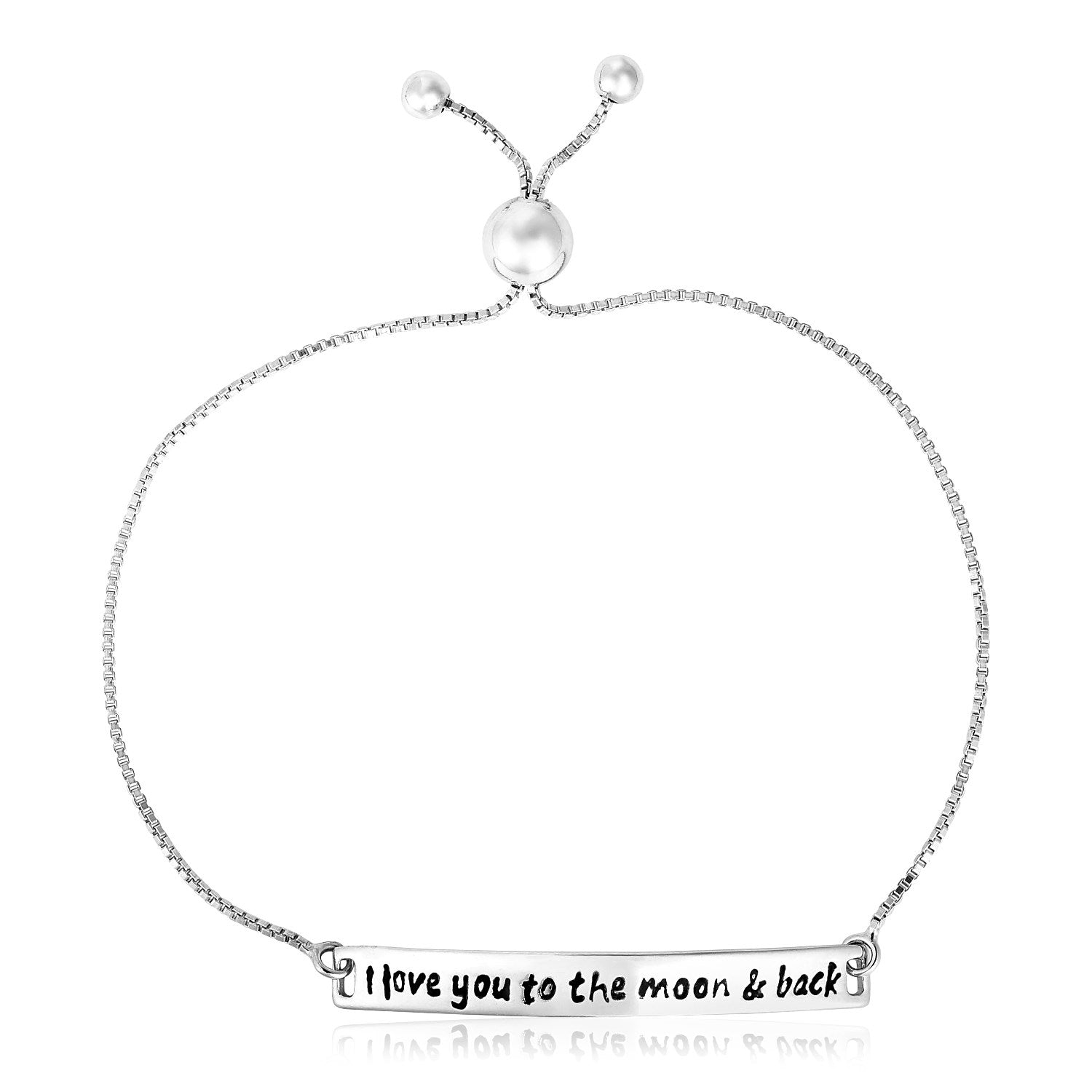 Sterling silver adjustable bracelet inscribed "I Love You to the Moon and Back" with a modern luxury design.