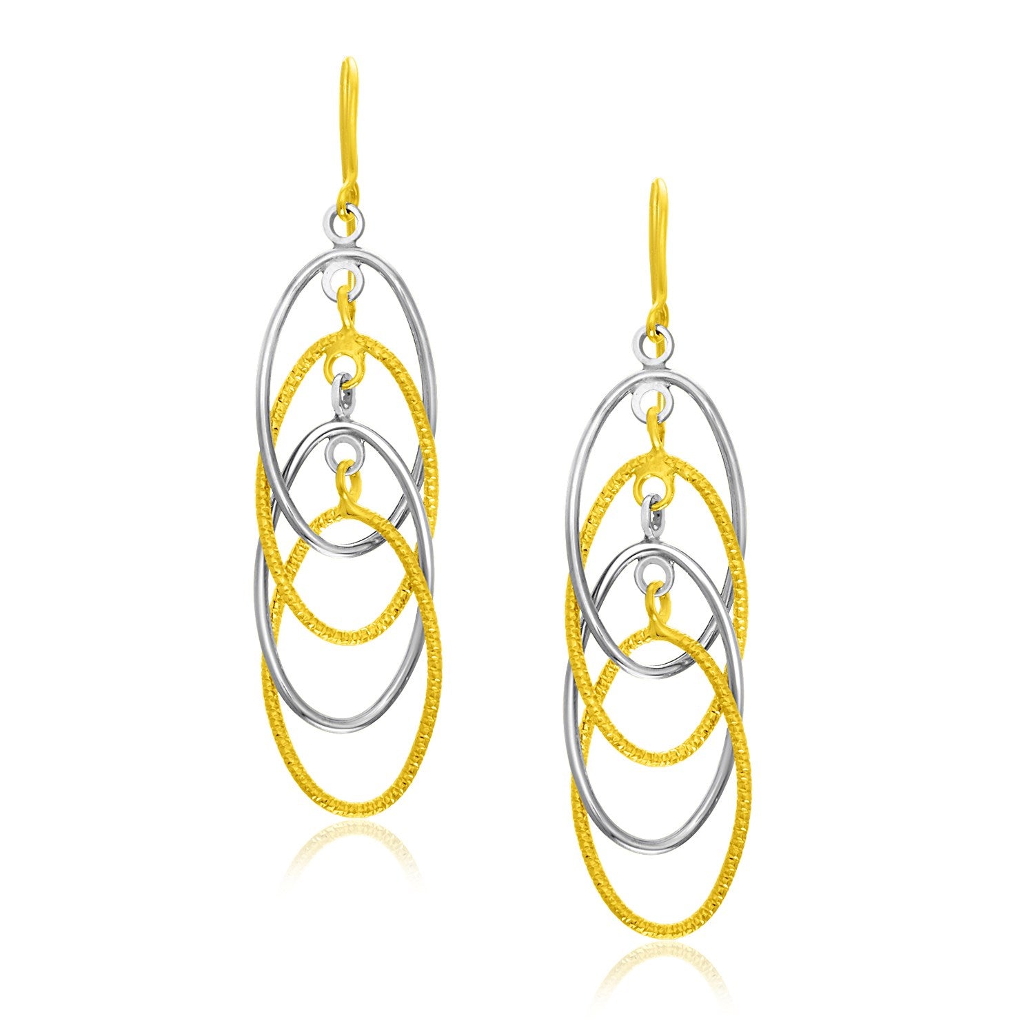 14k two-tone gold textured interlaced dangle earrings with modern oval design, perfect for elegant occasions.