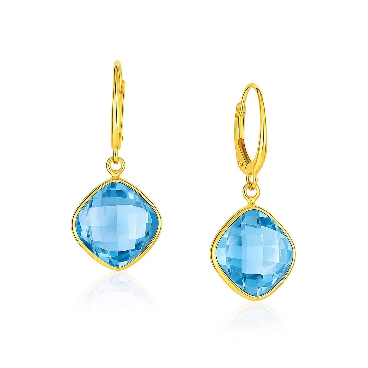 14k yellow gold drop earrings featuring blue topaz cushion briolettes in elegant bezel settings for a modern look.