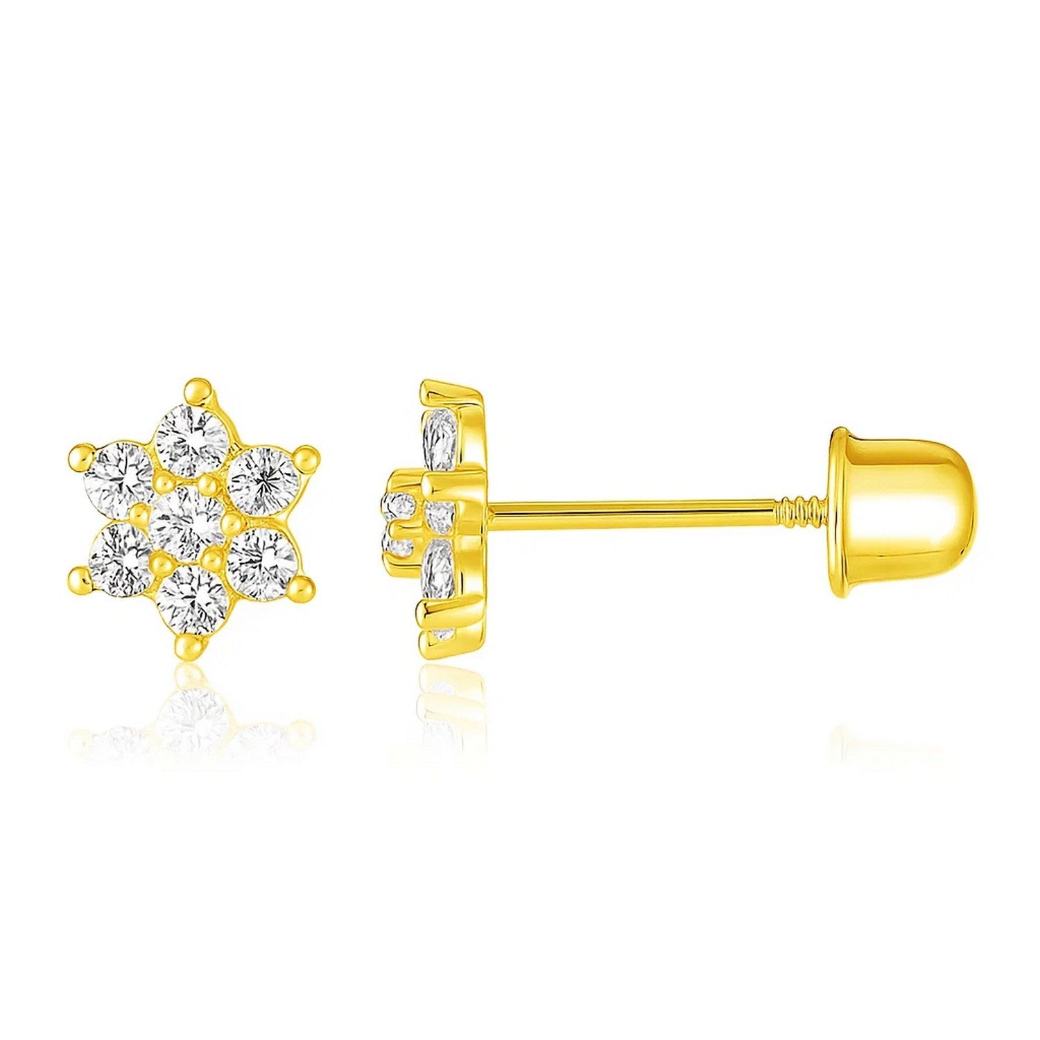 14k yellow gold floral stud earrings for children, featuring a modern design and secure post back for comfort.