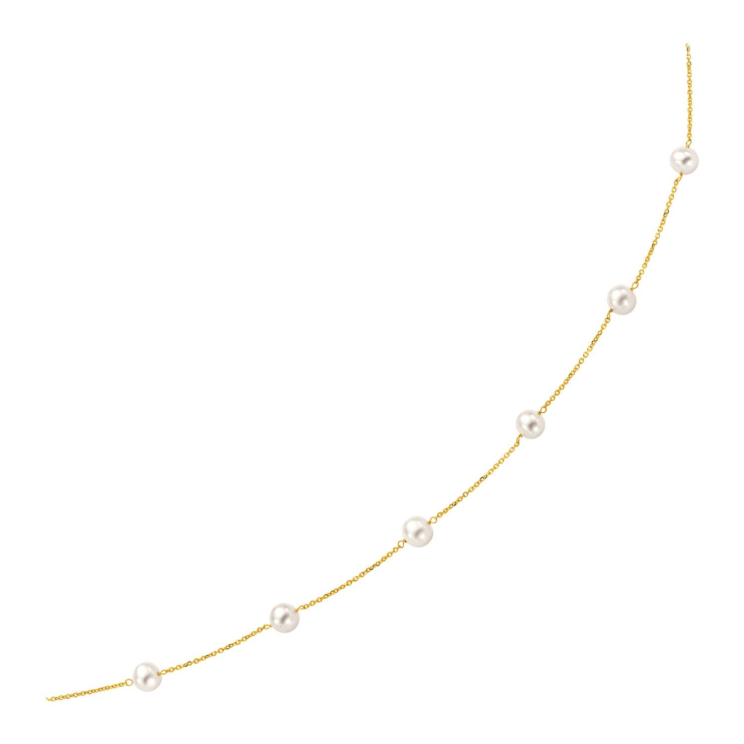 14k yellow gold necklace featuring lustrous white pearls in a modern round design for elegant sophistication.