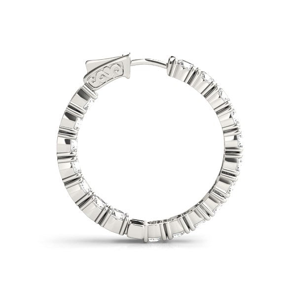14k white gold polished hoop earrings featuring round diamonds in a modern prong setting, totaling 3 1/2 cttw.