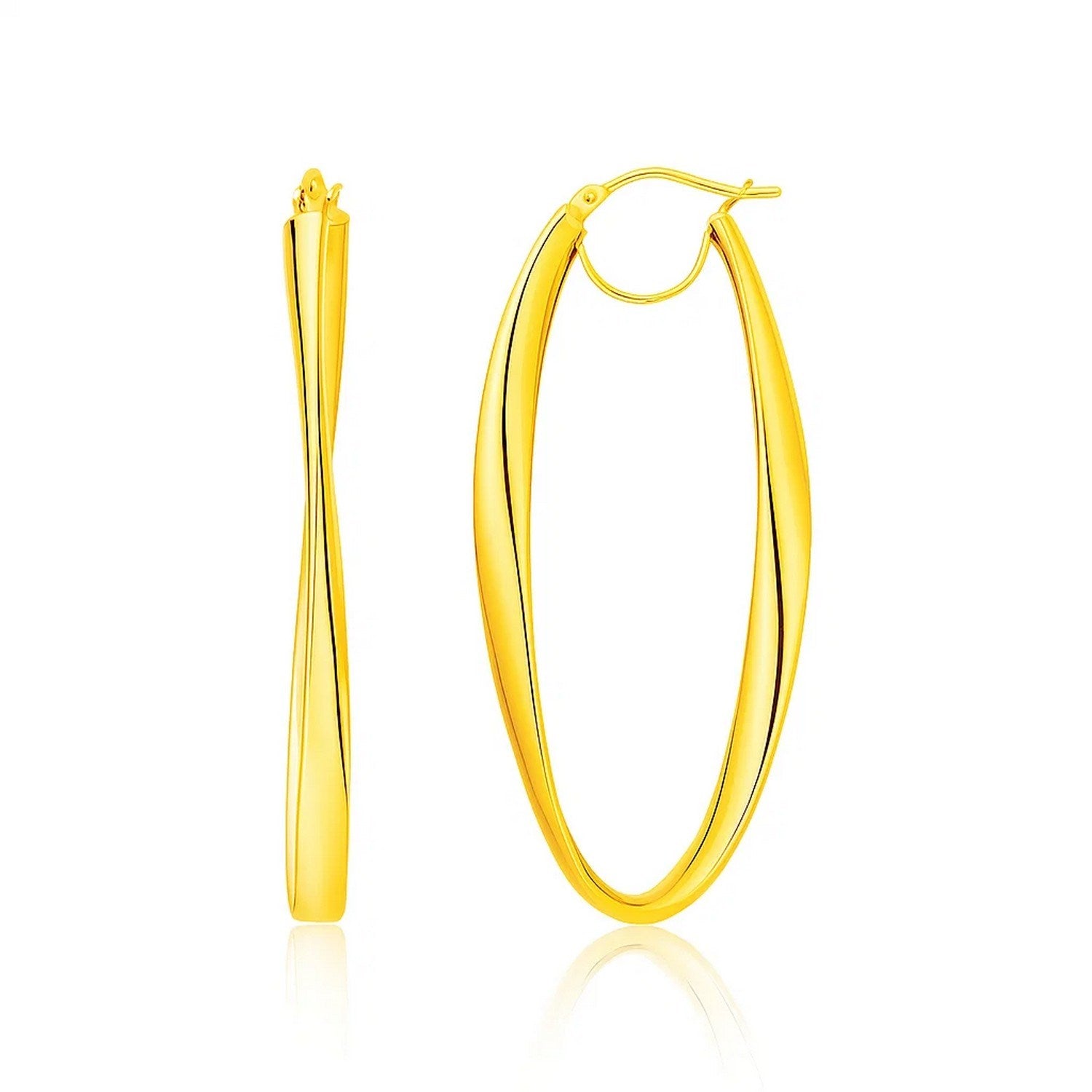 14k yellow gold modern twist motif hoop earrings with elegant oval design, perfect for sophisticated occasions.