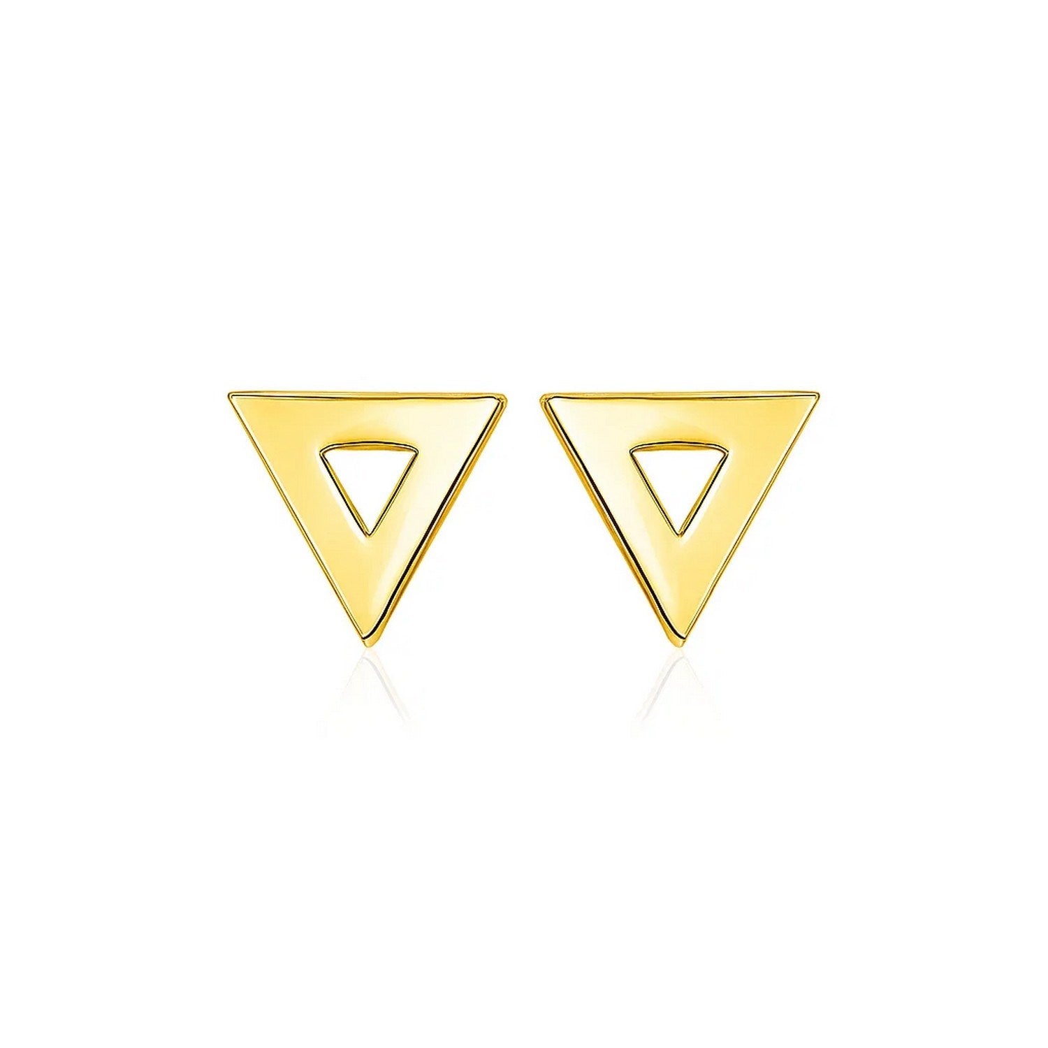 14k yellow gold polished open triangle stud earrings with a modern design, perfect for elegant everyday wear.