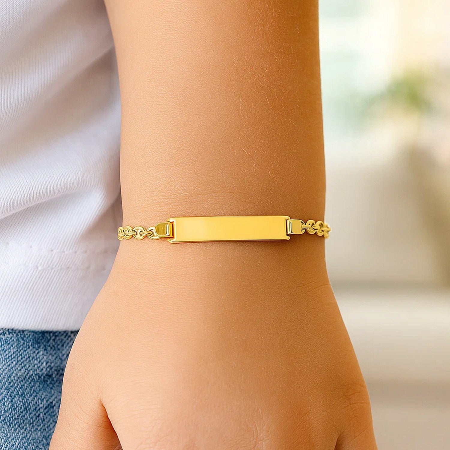 14k yellow gold puffed mariner link children's ID bracelet, modern design, perfect for elegant gifting and everyday wear.