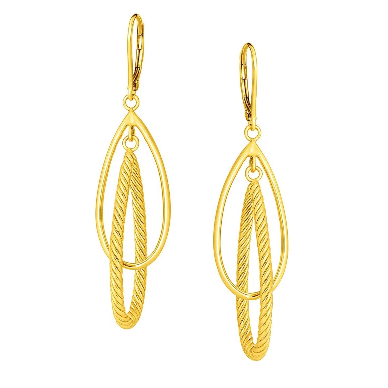 14k yellow gold textured dangle earrings featuring a modern design with elegant stud and drop elements.