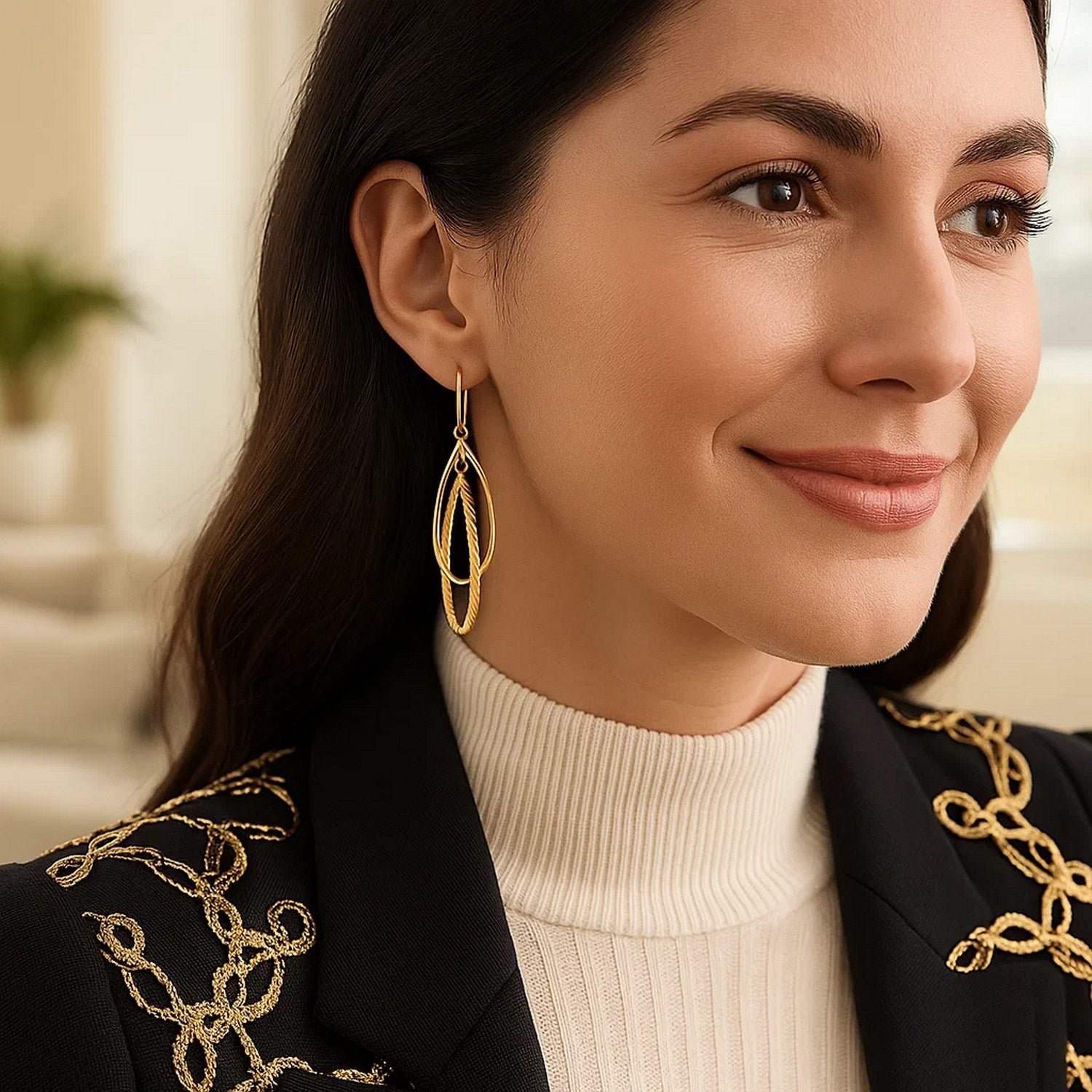 14k yellow gold textured dangle earrings featuring modern design and elegant stud closure for a luxurious touch.