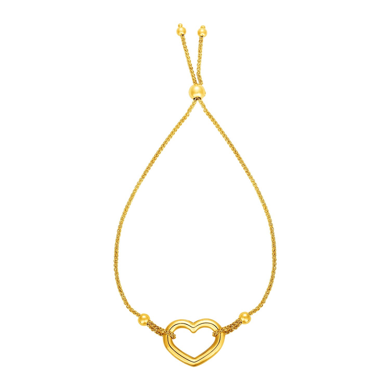 Adjustable 14k yellow gold bracelet featuring a shiny open heart design, embodying modern luxury elegance.