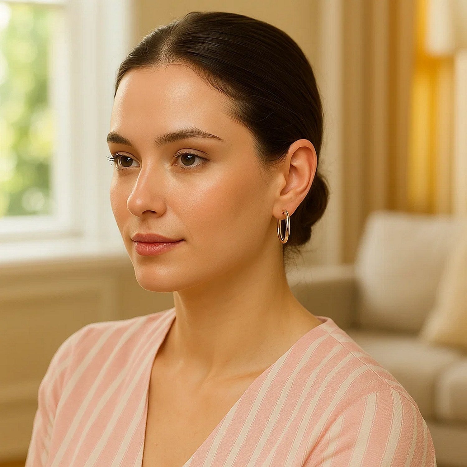 Sterling silver polished hoop earrings with rhodium plating, modern design, elegant 3x20mm size.