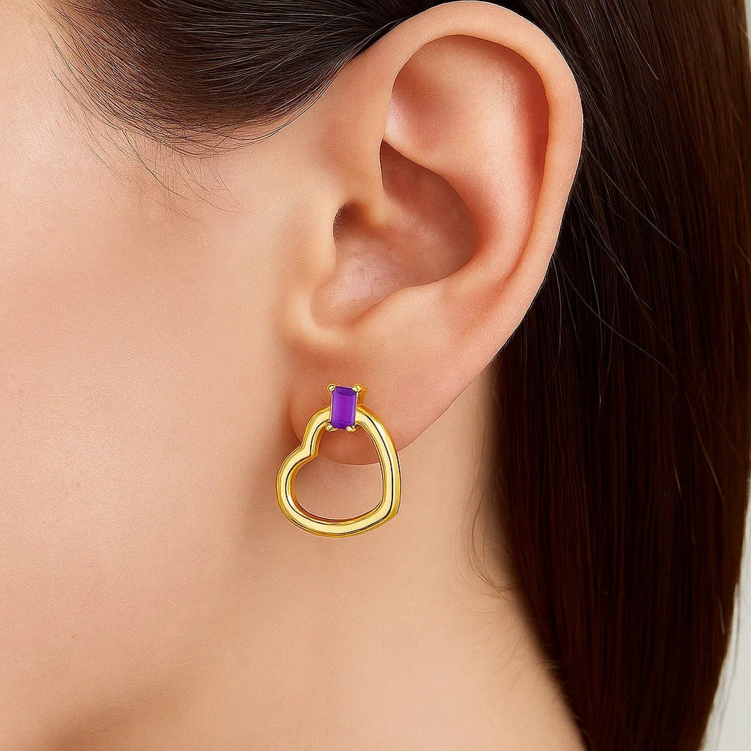 14k yellow gold modern drop earrings featuring exquisite amethyst baguette stones for a luxurious touch.
