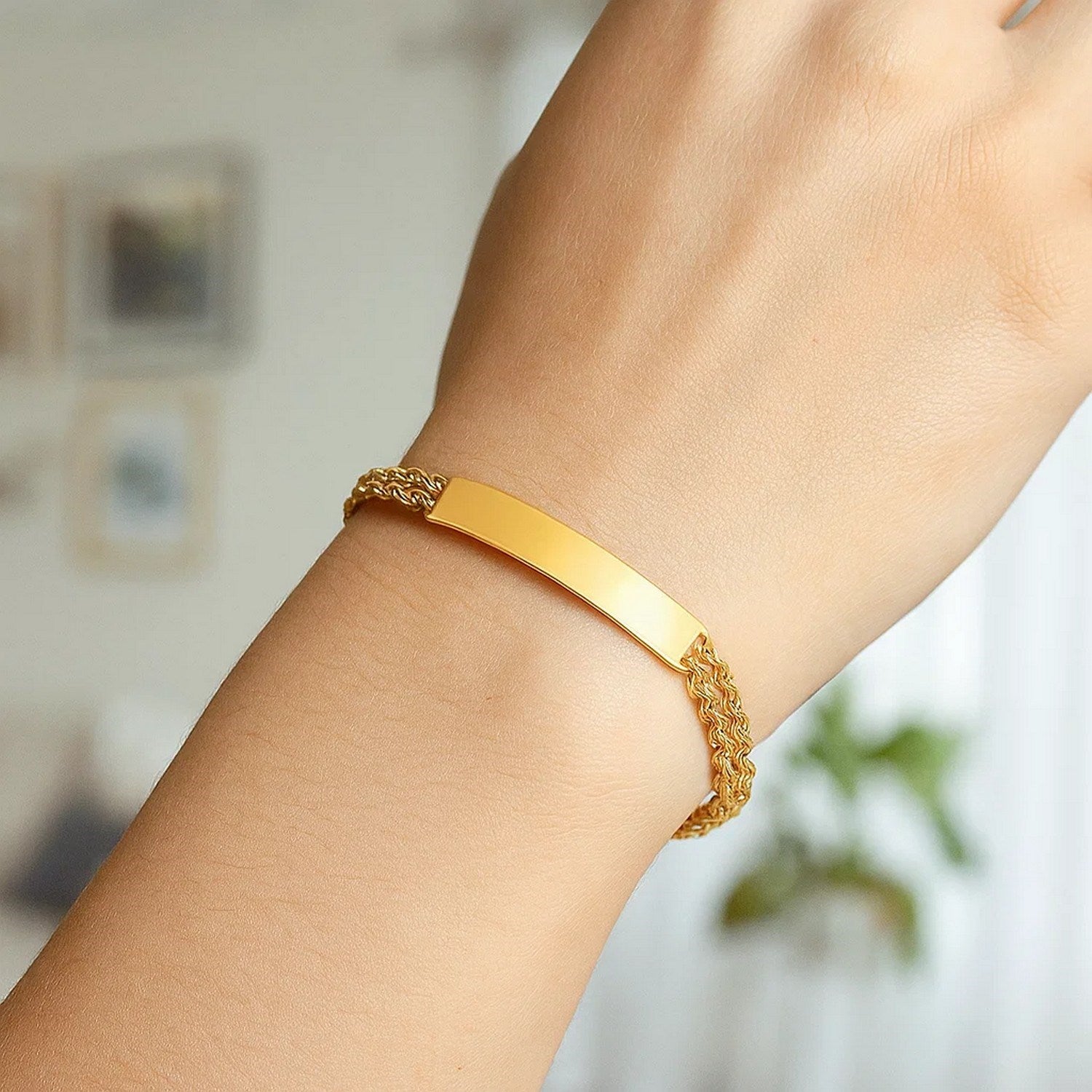14k yellow gold minimalist ID bracelet featuring a double rope chain design, perfect for elegant everyday wear.