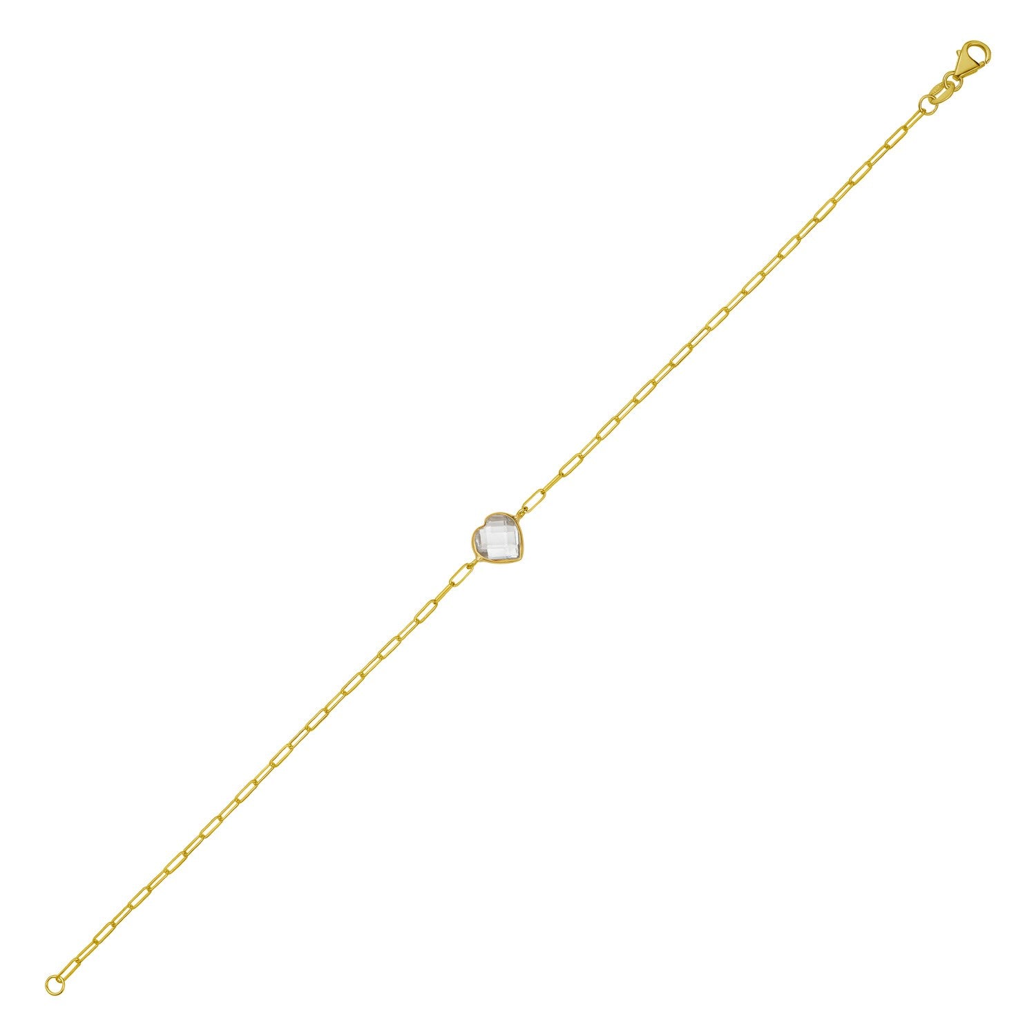 14k yellow gold heart bracelet featuring white topaz in a classic bezel setting with a delicate chain design.