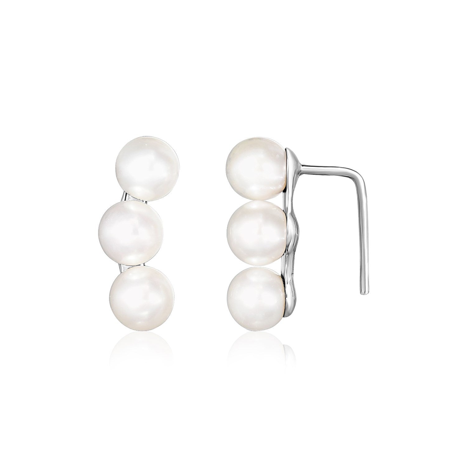 Sterling silver freshwater pearl climber earrings with modern design and luxurious elegance.