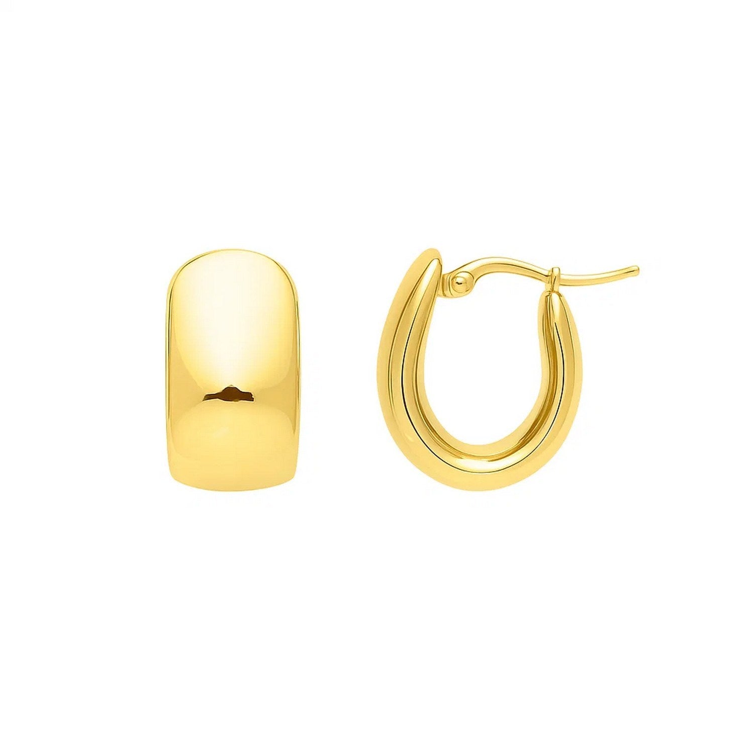14k yellow gold polished huggie hoop earrings with a modern oval design, perfect for elegant everyday wear.