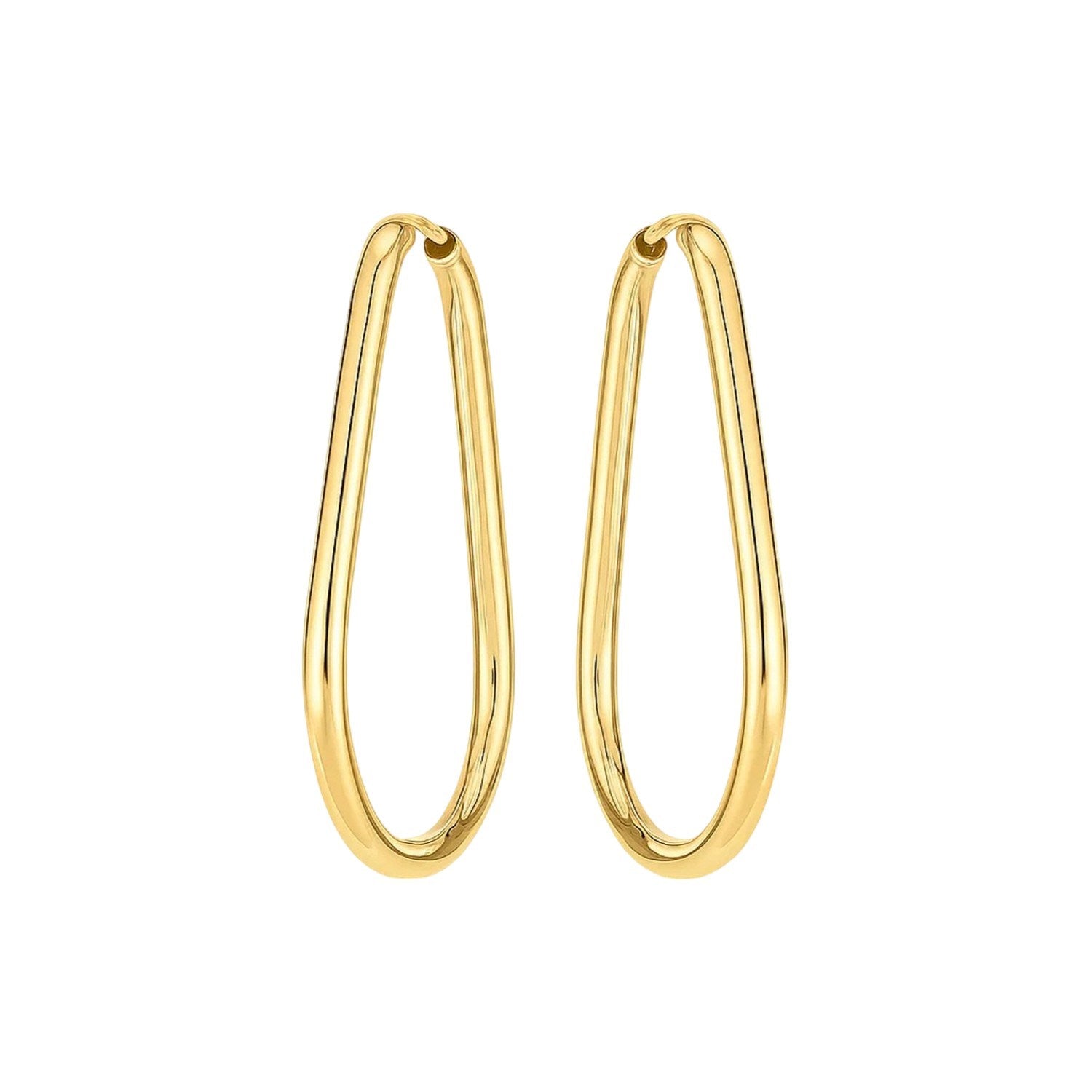 Elegant 14k yellow gold endless pear hoop earrings showcasing a timeless design and luxurious craftsmanship.