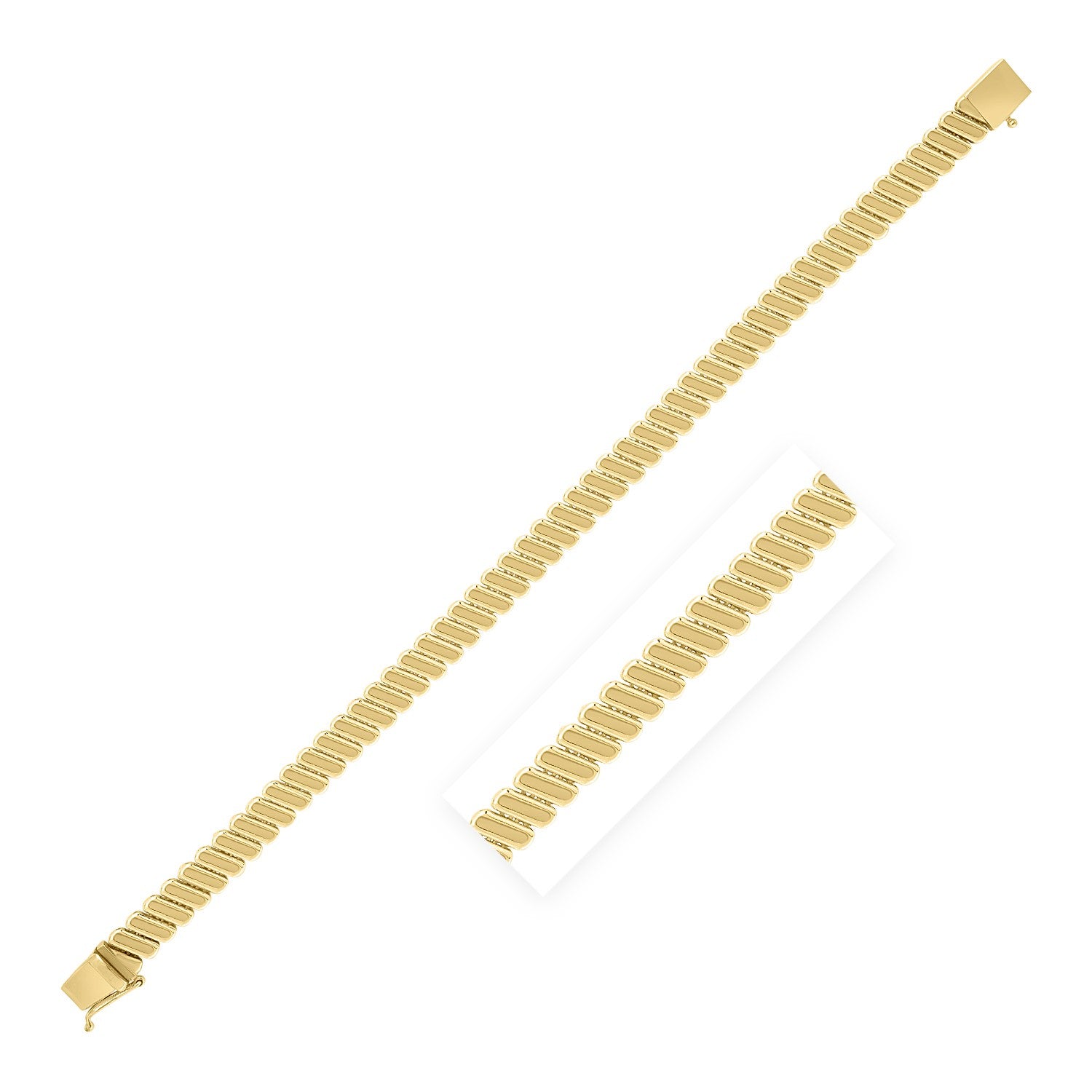 14k yellow gold rib link bracelet, 7.00 mm, showcasing a classic design with elegant, interlocking links.