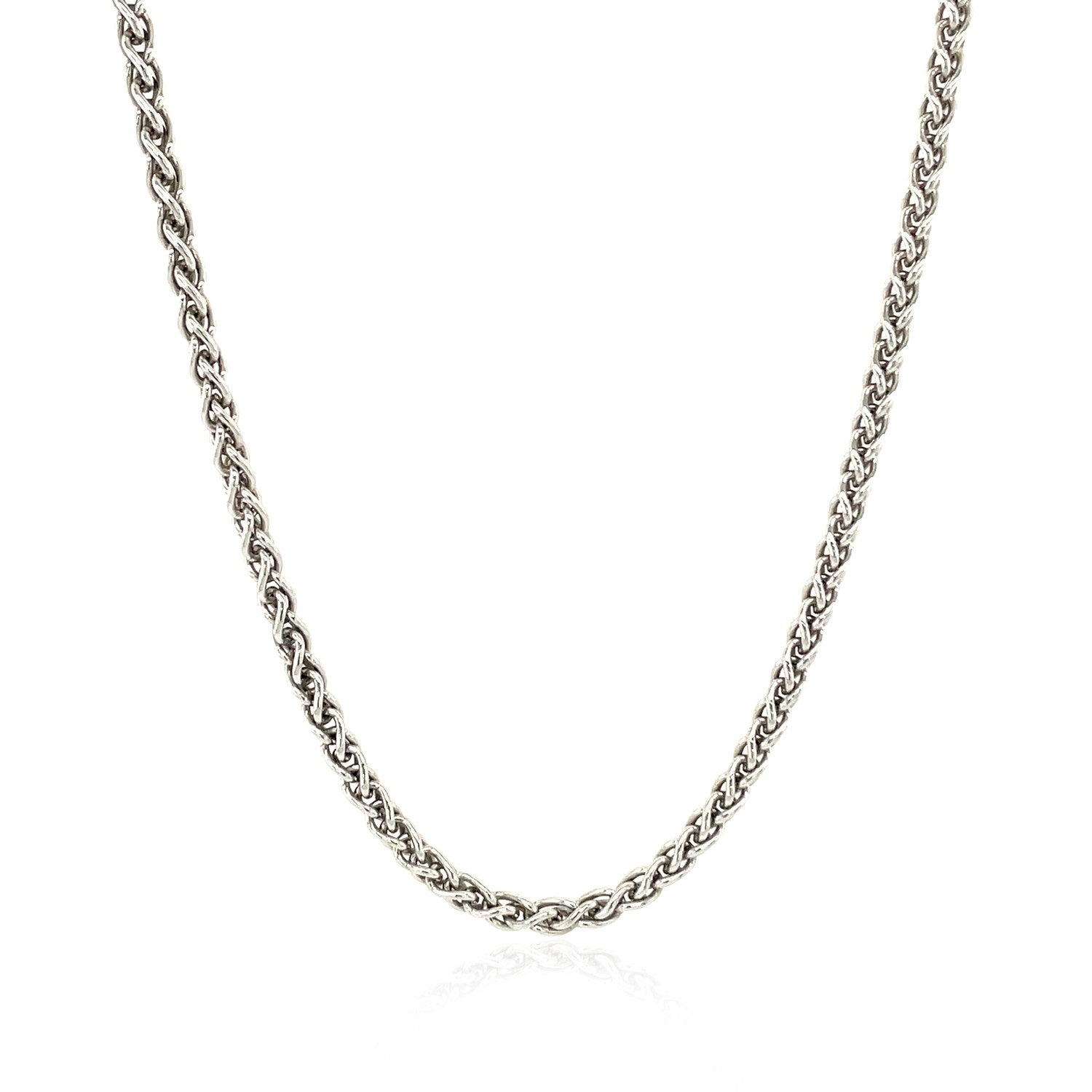 Sterling silver rhodium plated wheat chain (2.60 mm) showcasing a modern design with elegant texture and shine.