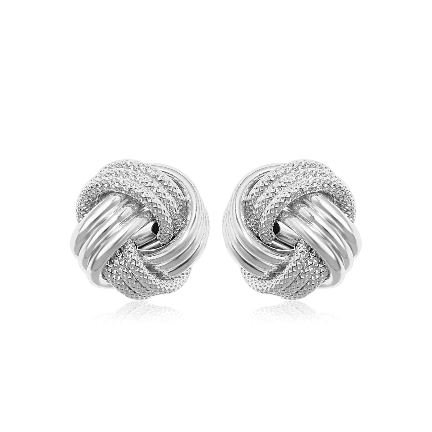 14k white gold polished love knot earrings featuring a contemporary design, perfect for elegant occasions.