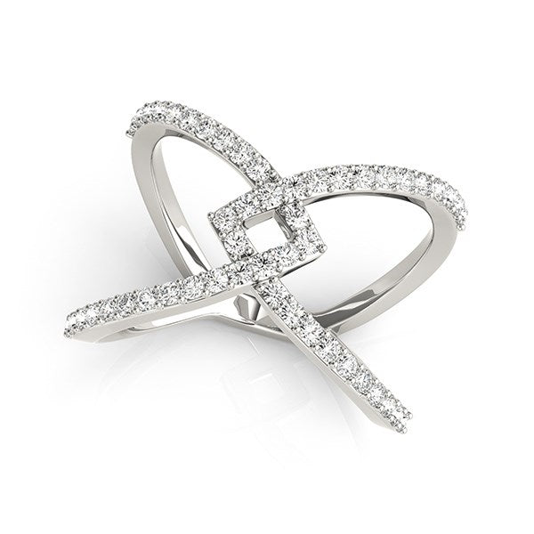 14k white gold fancy entwined design diamond ring featuring a prong setting and elegant round diamonds, 1/2 cttw.