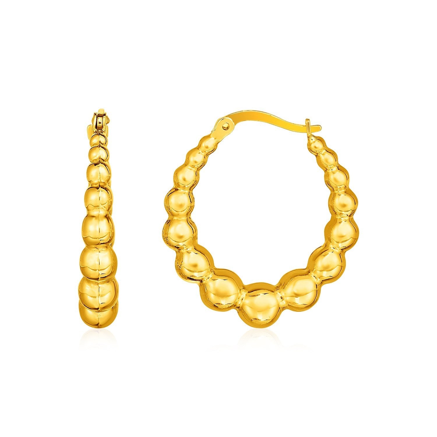 14k yellow gold graduated sphere hoop earrings with a modern design, perfect for elegant occasions.